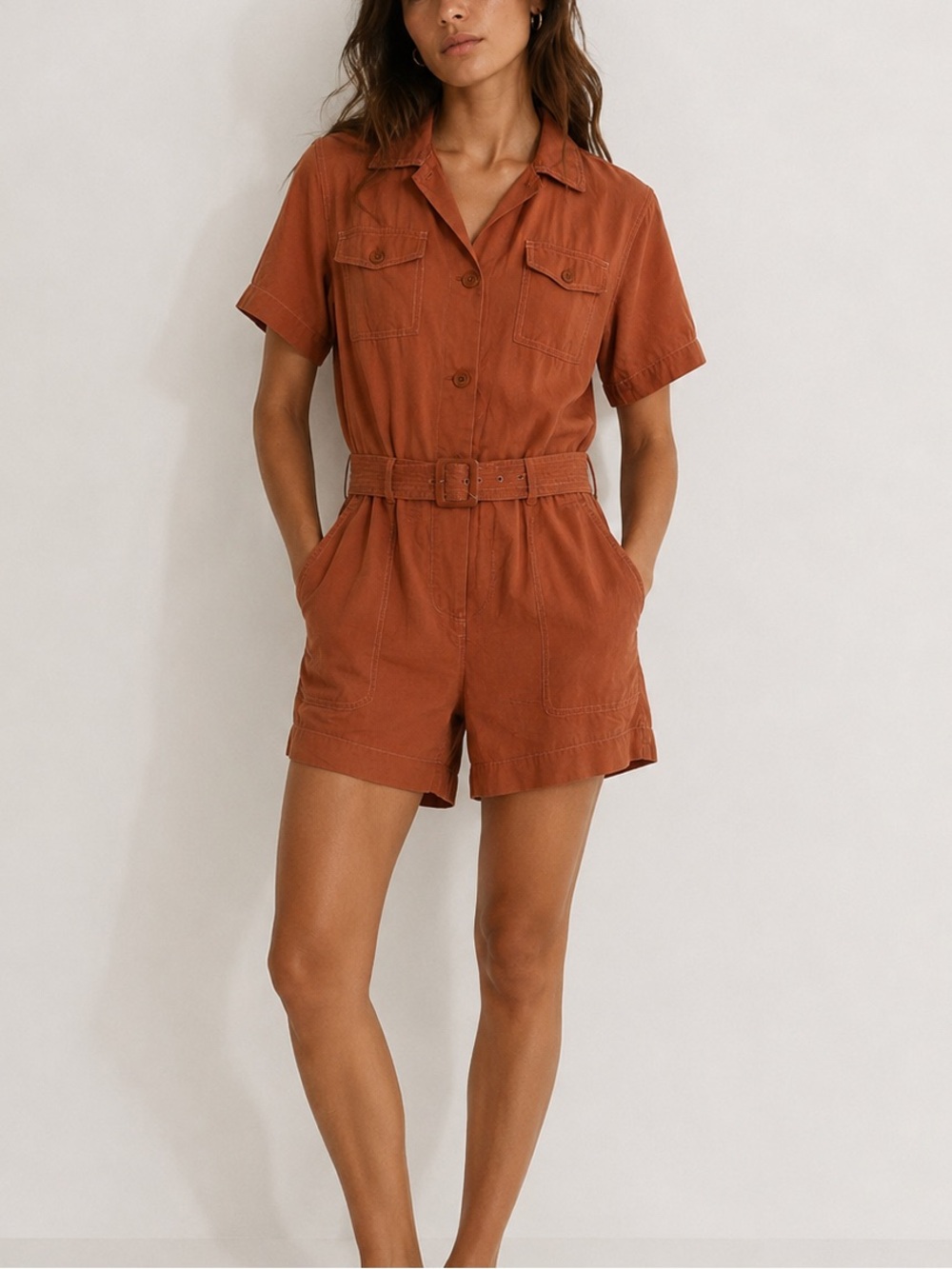 Maje Belted Utility Romper in Rust Terracotta (Size 38/ Medium)